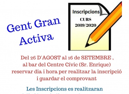 Inscripcions Gent Gran Activa. Curs 2019-2020