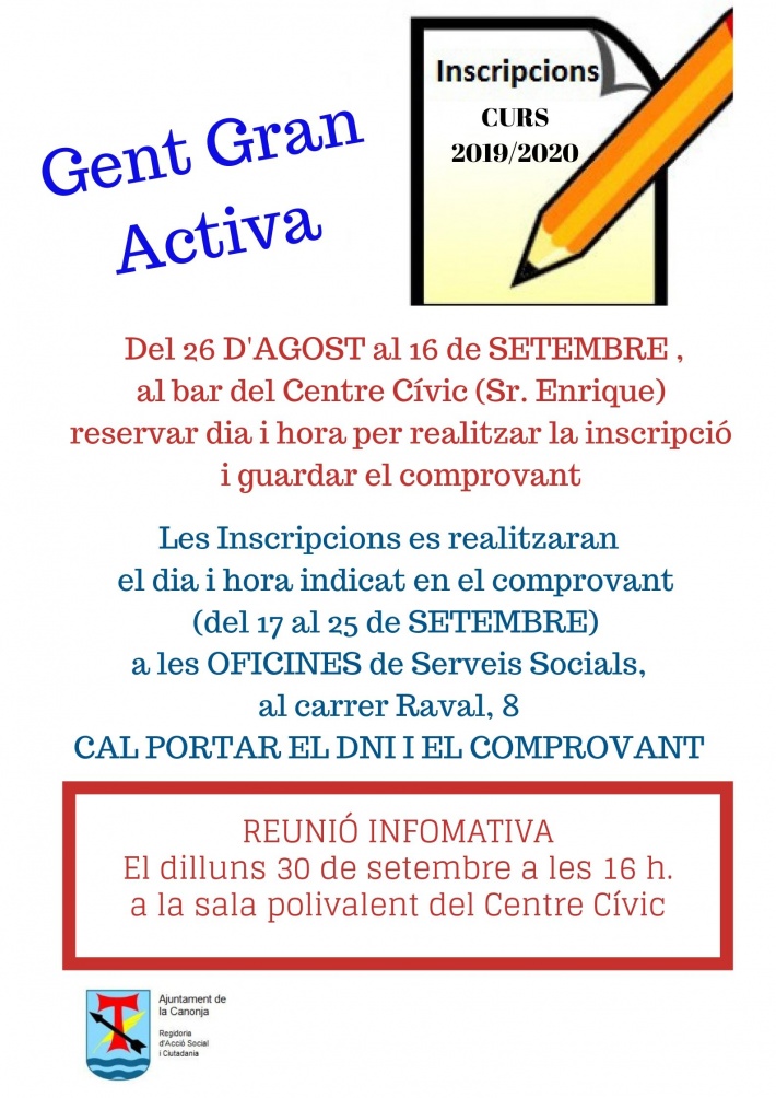 Inscripcions Gent Gran Activa. Curs 2019-2020