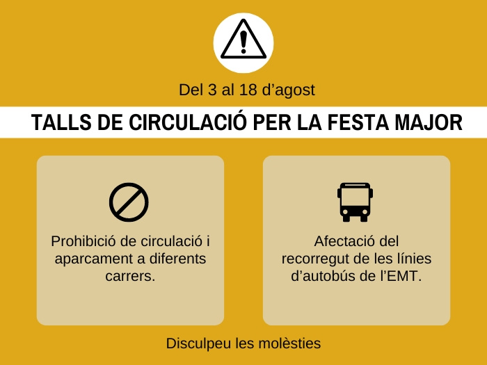 Del 3 al 18 d'agost: afectacions al trànsit amb motiu dels actes de Festa Major