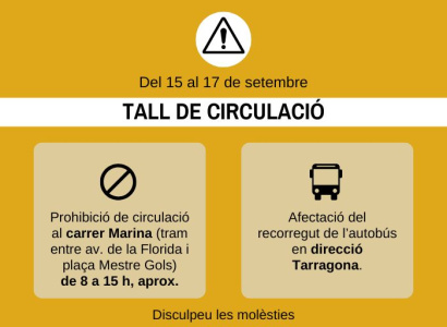 Del 15 al 17 de setembre: tall de circulació al primer tram del carrer Marina