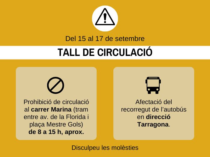 Del 15 al 17 de setembre: tall de circulació al primer tram del carrer Marina