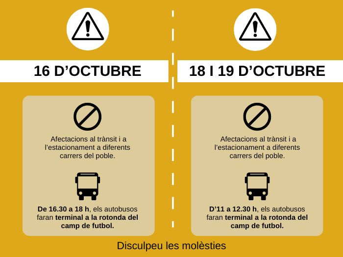 Dies 16, 18 i 19 d'octubre: afectacions al trànsit i al recorregut de l'autobús