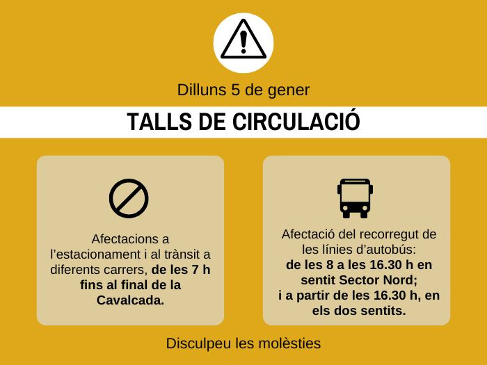 5 de gener: afectacions al tr&agrave;nsit i al recorregut de l'autob&uacute;s per la Cavalcada