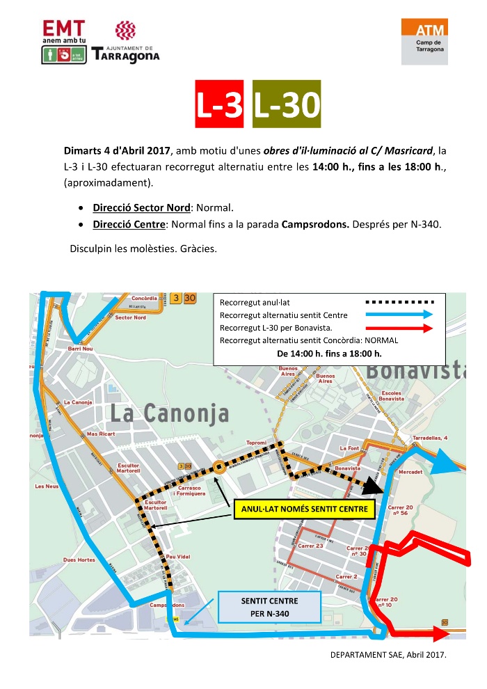 AVÍS. 4 d'abril: Afectacions al recorregut de l'autobús