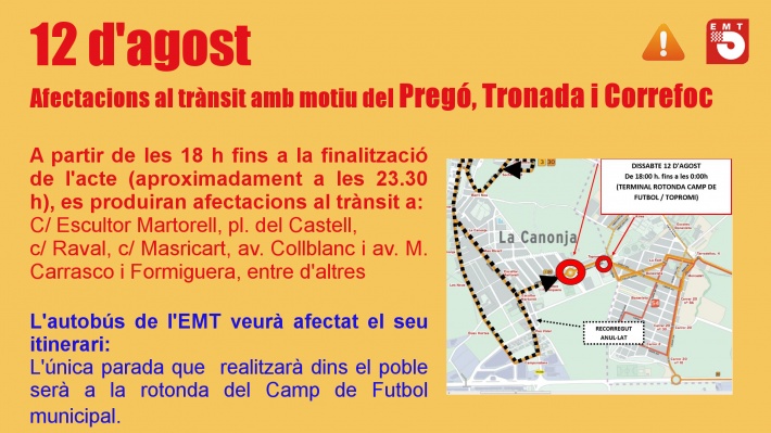 12 d'agost - Afectacions al trànsit i al transport públic en motiu del pregó, tronada i correfoc