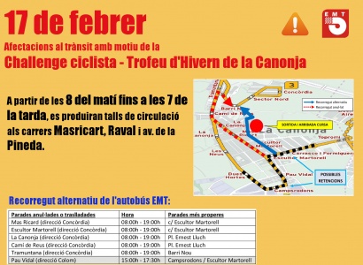 Afectacions al trànsit i al recorregut de l'autobús de l'EMT amb motiu de la Challenge Ciclista