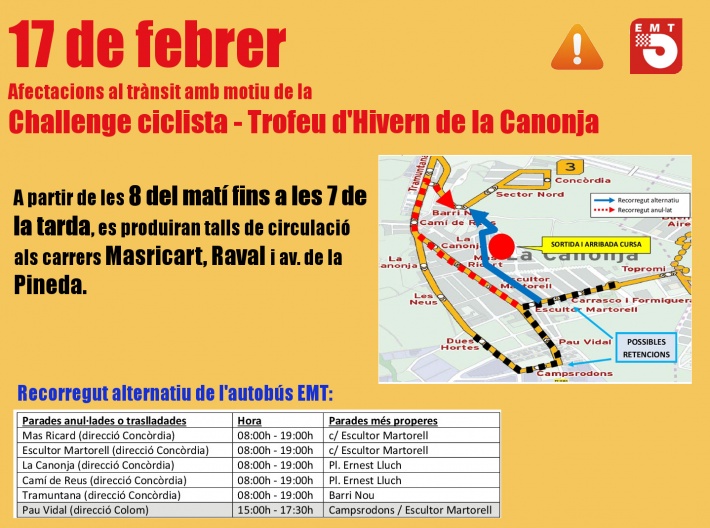 Afectacions al trànsit i al recorregut de l'autobús de l'EMT amb motiu de la Challenge Ciclista