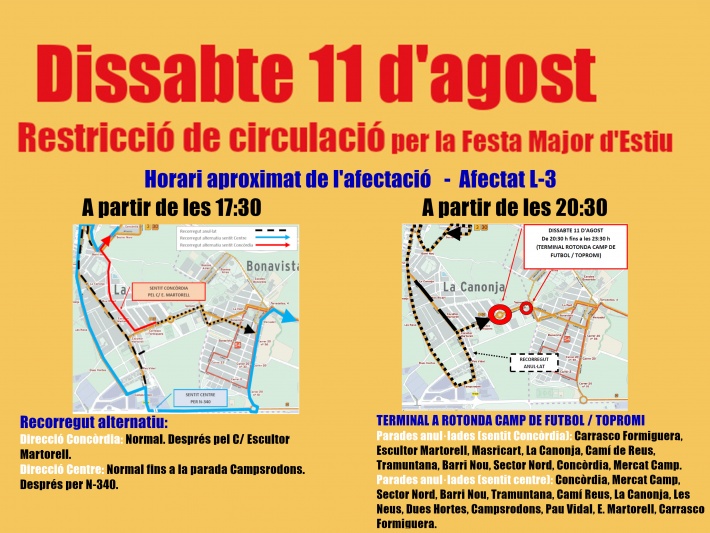 Dia 11 d'agost - Afectacions al trànsit i al transport públic en motiu del pregó, tronada i correfoc