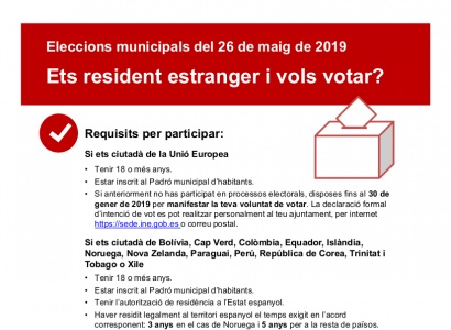 Eleccions municipals del 26 de maig de 2019. Ets resident estranger i vols votar?