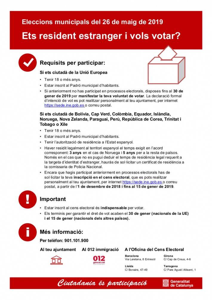 Eleccions municipals del 26 de maig de 2019. Ets resident estranger i vols votar?