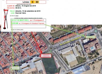 Del 19 d'agost al 10 de setembre afectacions al trànsit i anul·lació de la parada del bus de Carrasco i Formiguera