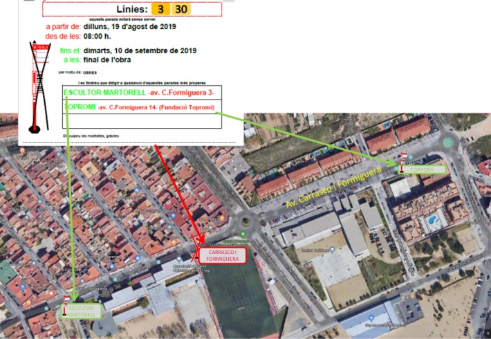 Del 19 d'agost al 10 de setembre afectacions al trànsit i anul·lació de la parada del bus de Carrasco i Formiguera