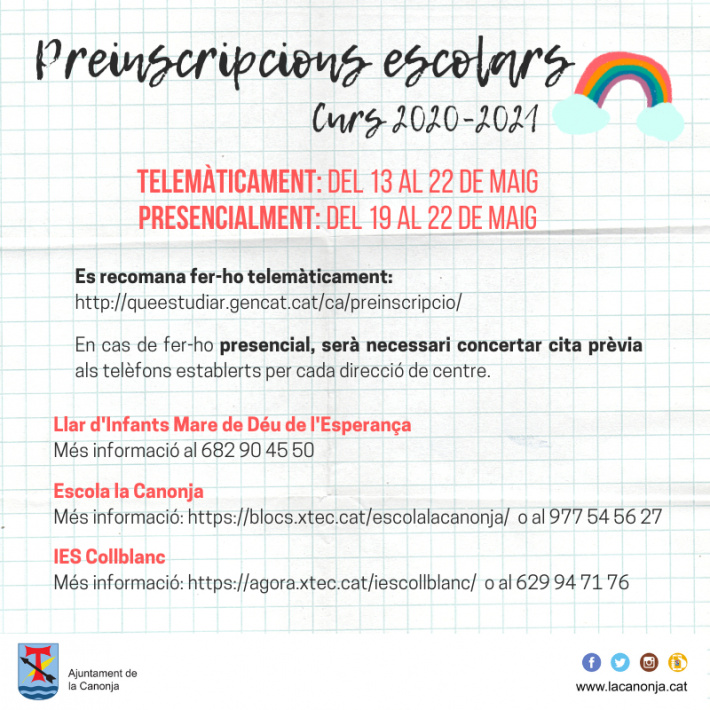 La preinscripció escolar serà entre el 13 i el 22 de maig