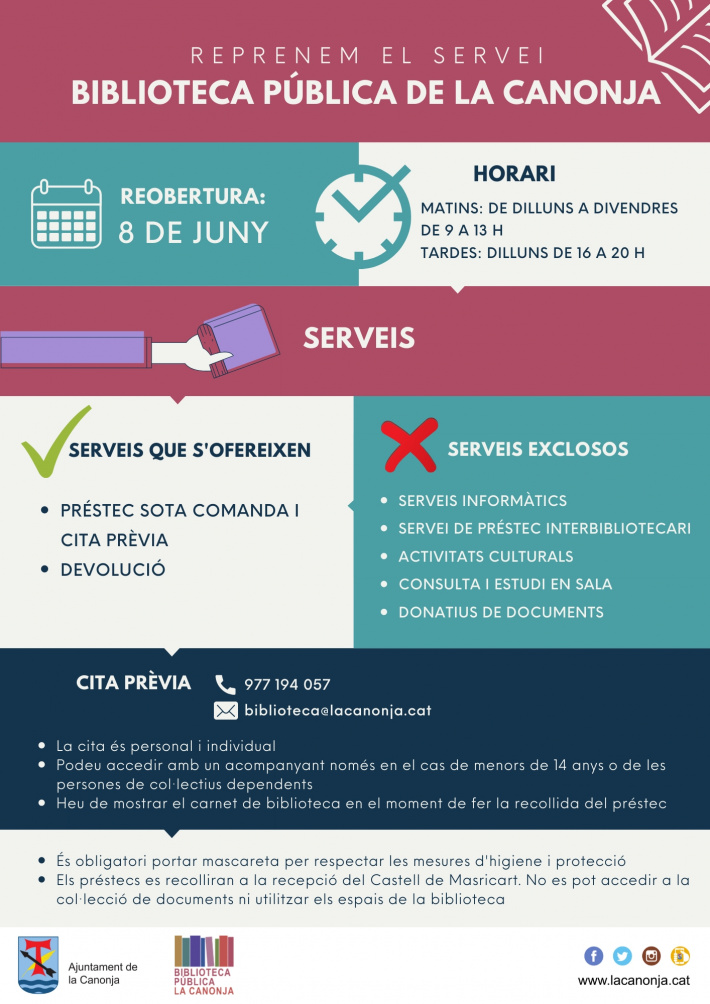 El 8 de juny la Biblioteca Pública de la Canonja obre el servei de préstec amb cita prèvia