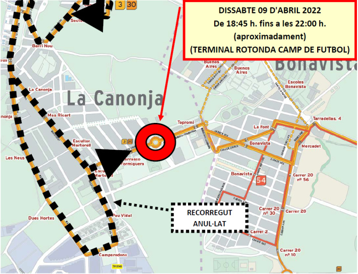 9 d'abril al vespre: afectacions al trànsit i al recorregut de l'autobús amb motiu del bateig del Mamut de la Canonja