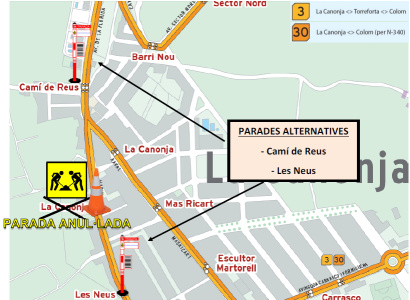 Del 16 al 27 de maig: parada d'autobús "La Canonja" anul·lada