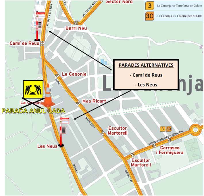 Del 16 al 27 de maig: parada d'autobús "La Canonja" anul·lada